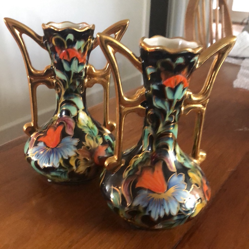 Antique H. Bequet Quaregnon Belgian set of 2 Art Nouveau Handpainted Gil…